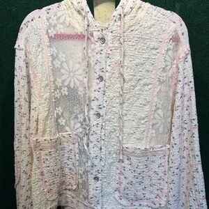 🔥022 NWOT POL Rose Garden Cream w/Pink Flowers Hoodie/Lace Solid Knit Shacket